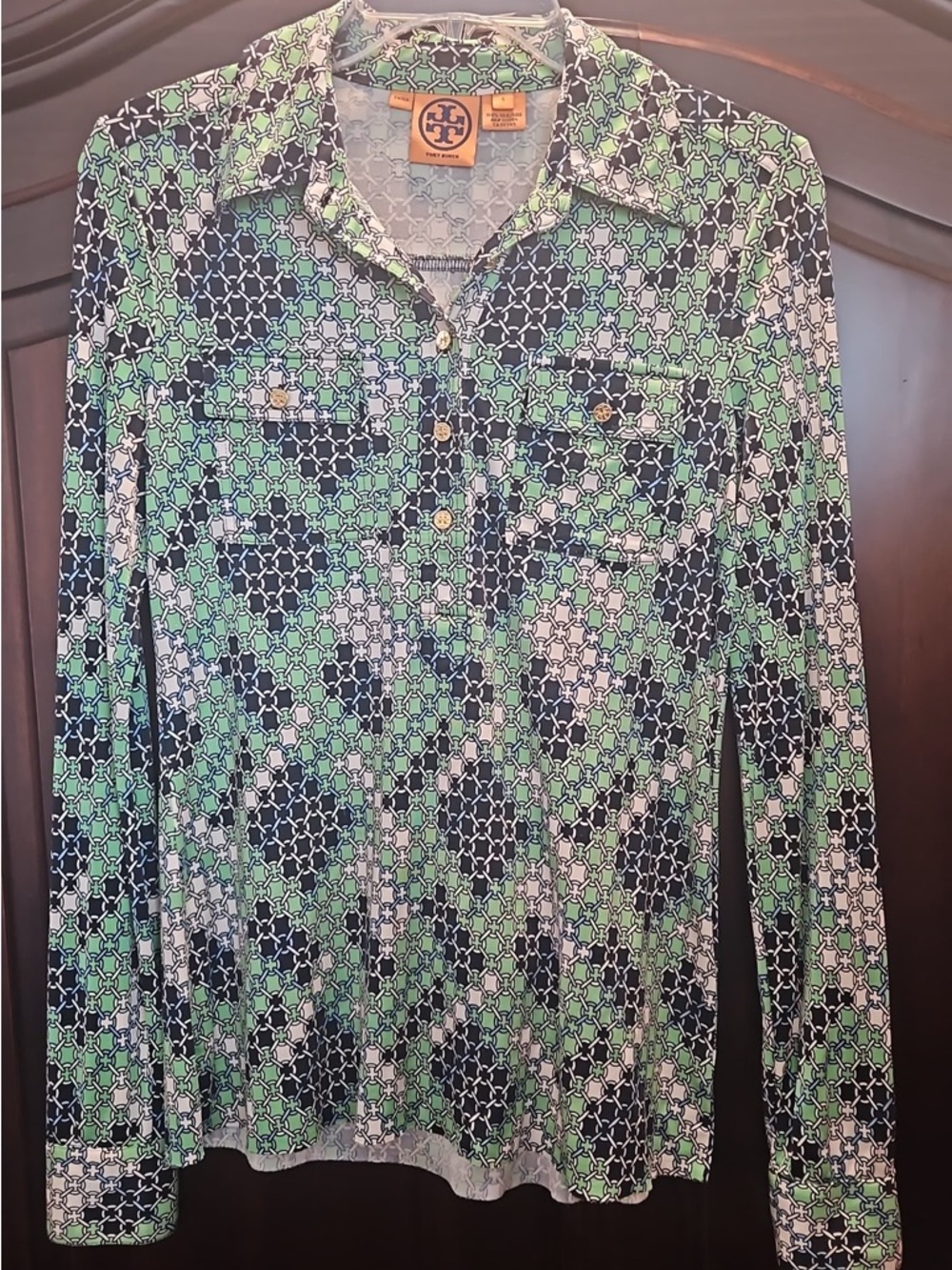 Tory Burch Green, Navy & White Chain-Link Silk Blouse